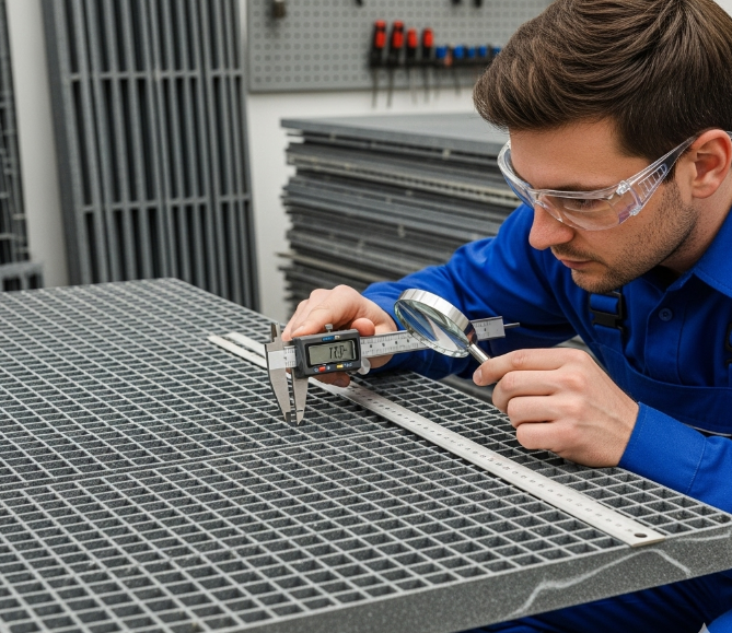 Engineer measuring FRP grating panel thickness with digital caliper during quality inspection.