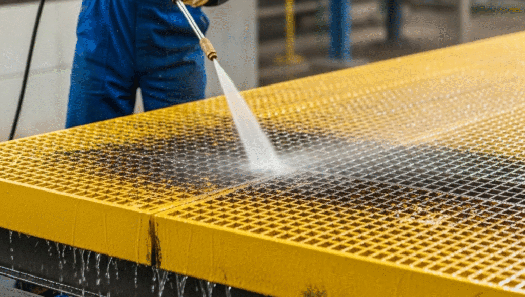 Worker cleaning FRP grating with a pressure washer.