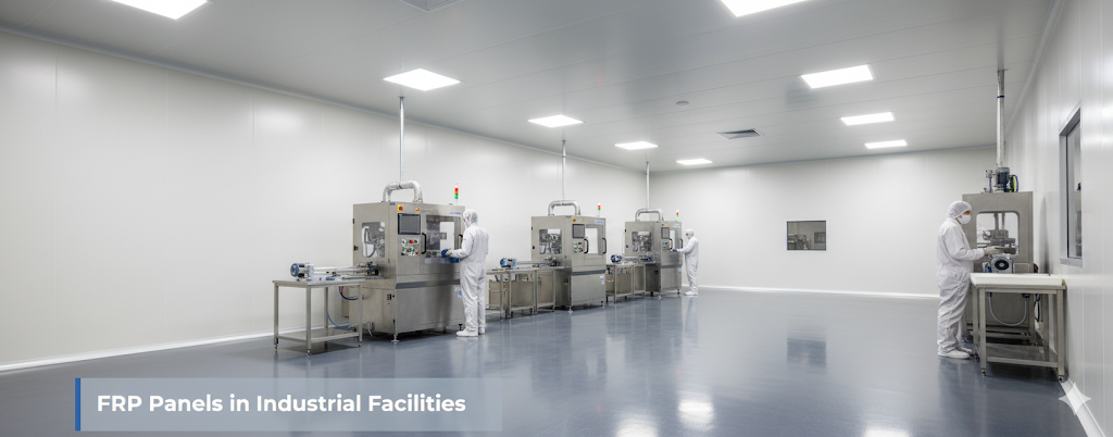 Industrial facility with FRP wall and ceiling panels, showing cleanroom environment with workers operating machinery.