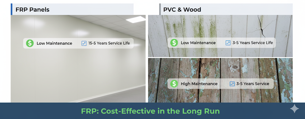 A comparison image contrasting FRP panels with PVC and wood, highlighting the low maintenance and long lifespan of FRP panels and their long-term cost-effectiveness.
