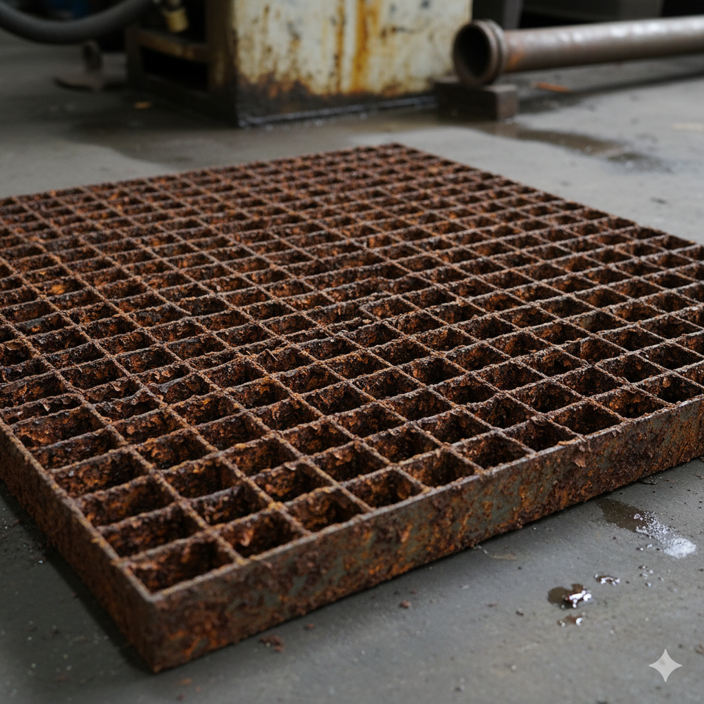 Close-up of a heavily rusted steel grating panel lying on a workshop floor, showing severe corrosion and surface degradation