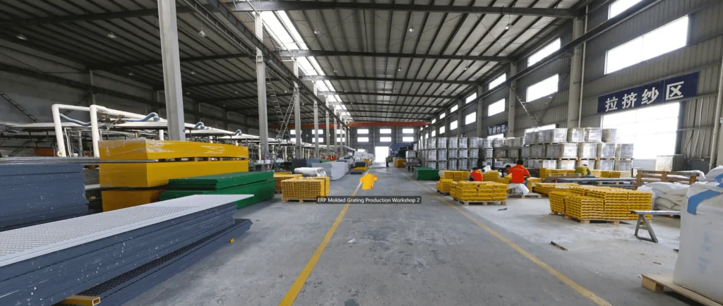 Machs molded FRP grating workshop with colored gratings and workers assembling
