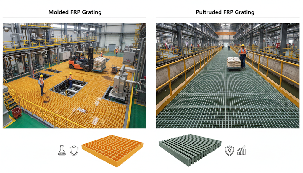 Comparison of Molded FRP Grating and Pultruded FRP Grating in industrial facilities. Molded grating (left, orange) shows strong corrosion resistance and impact toughness, while pultruded grating (right, green) supports long spans and heavy loads.