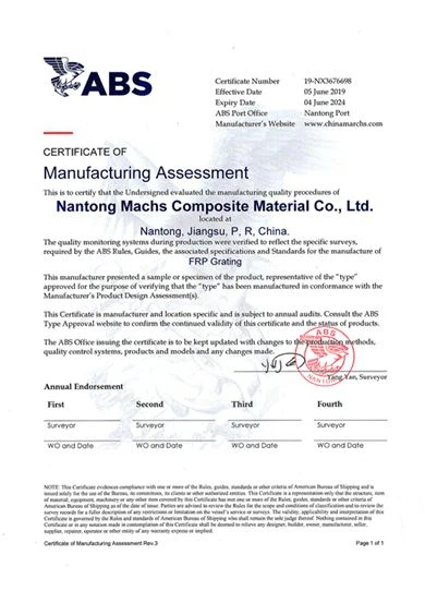 ABS Manufacturing Assessment Certificate for Nantong Machs Composite Material Co., Ltd., confirming FRP grating production meets ABS quality and process standards