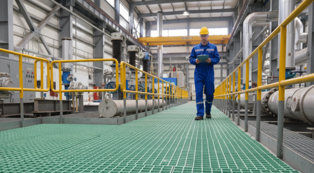 Worker walking on a bright green FRP grating platform inside an industrial facility, highlighting its clean, non-corrosive surface and safe walkway design.