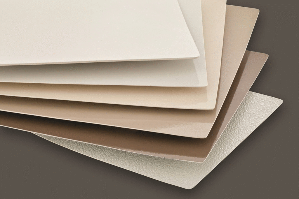 Stack of FRP panels in different colors and surface textures, showing smooth and embossed finishes.