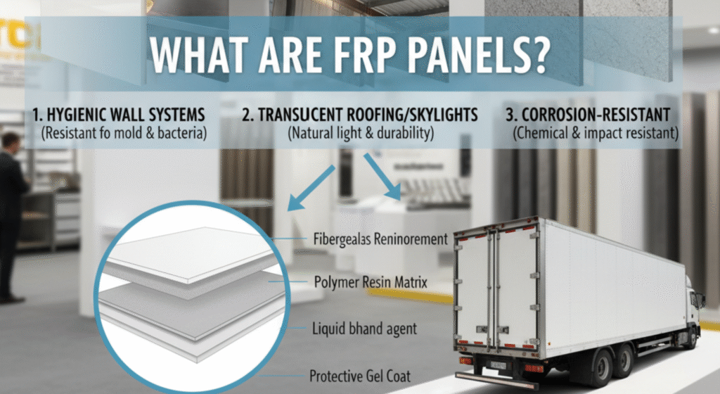 Illustration of FRP panels showing their structure (fiberglass reinforcement, polymer resin matrix, liquid bonding agent, protective gel coat) and applications such as hygienic wall systems, translucent roofing, and corrosion-resistant panels.