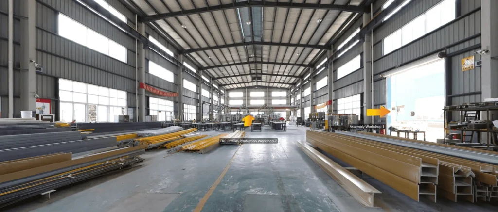 Machs FRP profiles production workshop with pultrusion lines and fiberglass beams