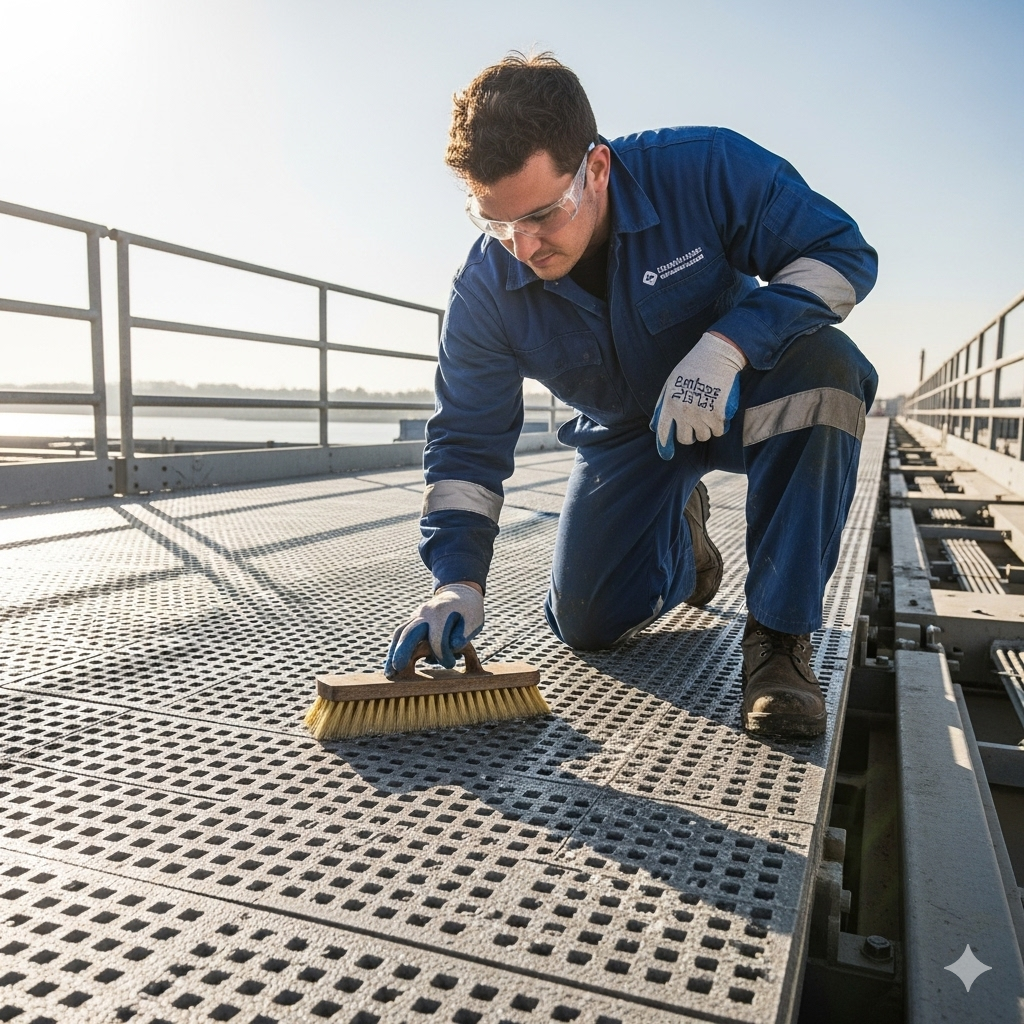 Worker scrubbing FRP grating surface with a hand brush.