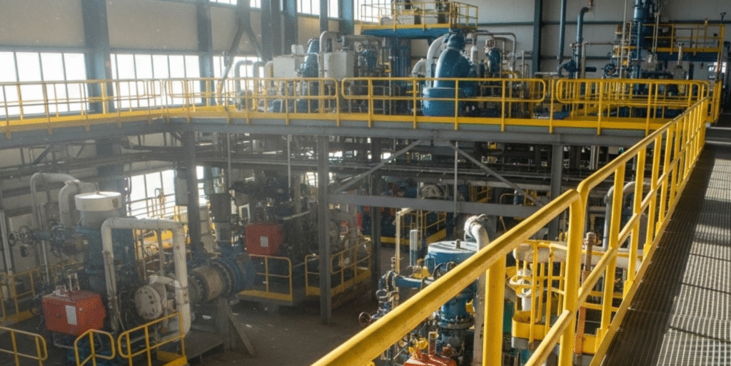 Yellow FRP handrails installed on industrial walkways and platforms to provide worker safety and corrosion resistance.