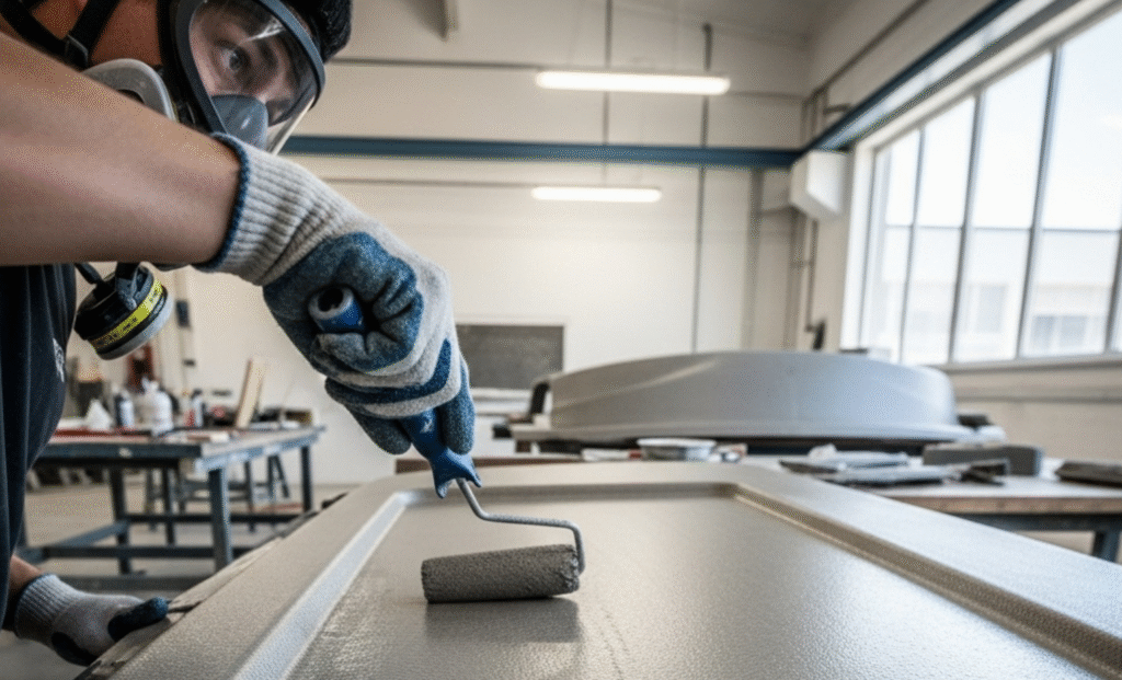 Worker applying FRP paint with roller during coating process, wearing protective gloves and mask.