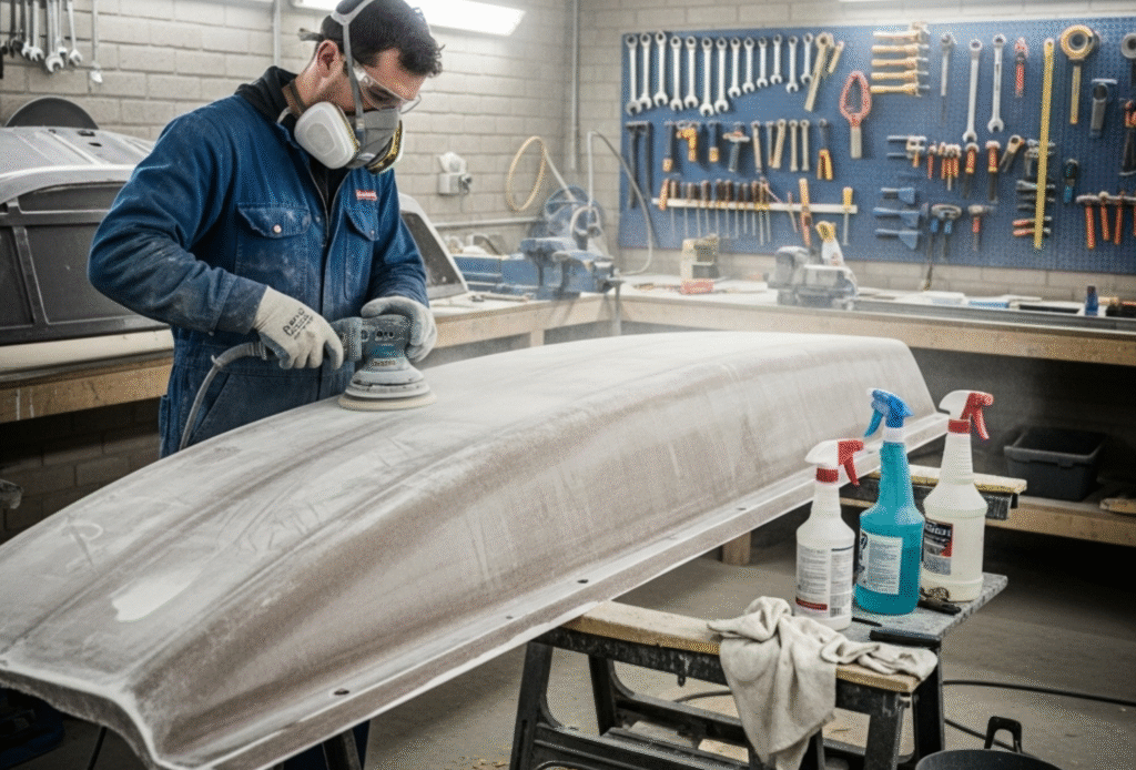 Worker sanding FRP surface with orbital sander as part of surface preparation before painting.