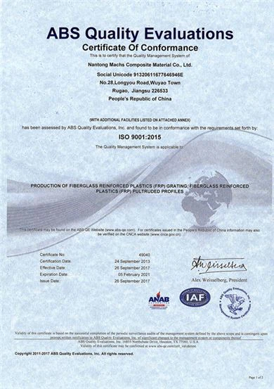 ISO 9001:2015 Quality Management Certificate issued by ABS Quality Evaluations to Nantong Machs, covering FRP grating and pultruded profiles production.