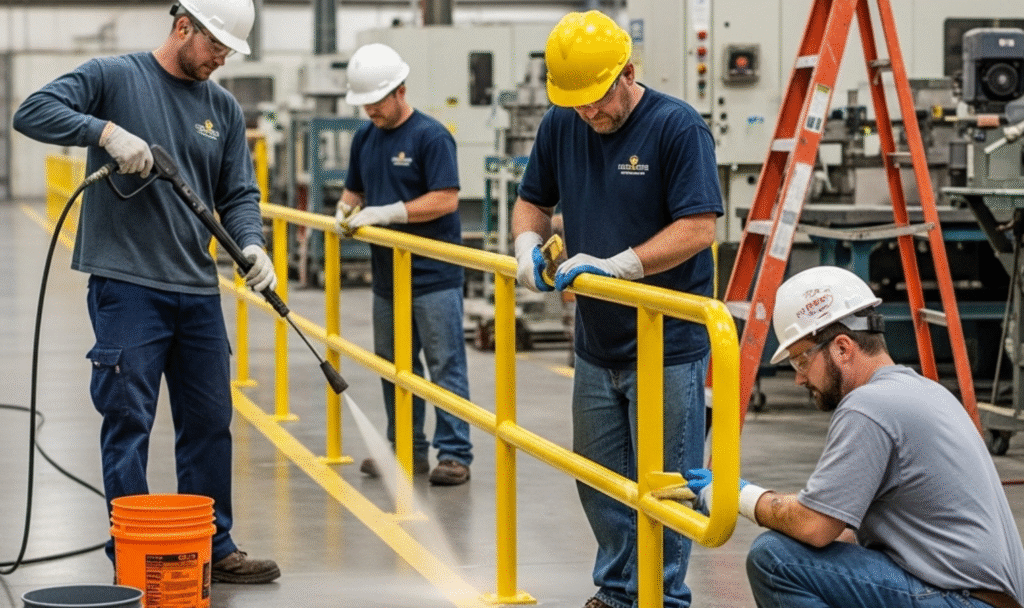 Workers maintaining and cleaning yellow FRP handrails in an industrial facility to ensure safety and durability