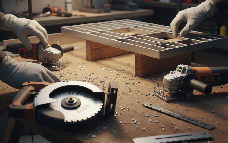 Workers preparing to cut fiberglass grating on a workbench, with circular saw and angle grinders placed nearby