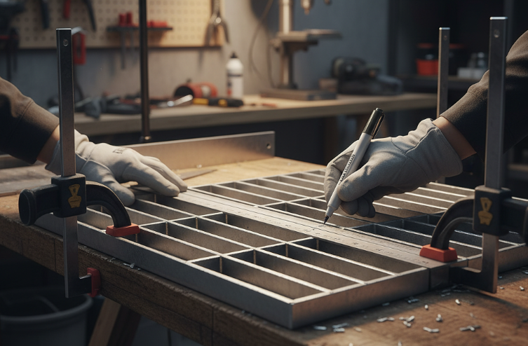 Worker marking a fiberglass grating with a ruler and pen, securely clamped on a workbench before cutting