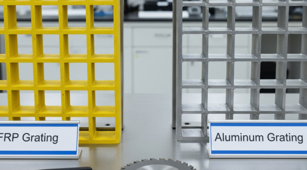 Side-by-side comparison of yellow FRP grating and silver aluminum grating, showing structural and surface differences.