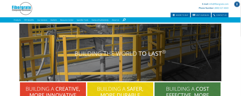 Fibergrate official website homepage showing yellow FRP handrails and the slogan “Building the World to Last®”.