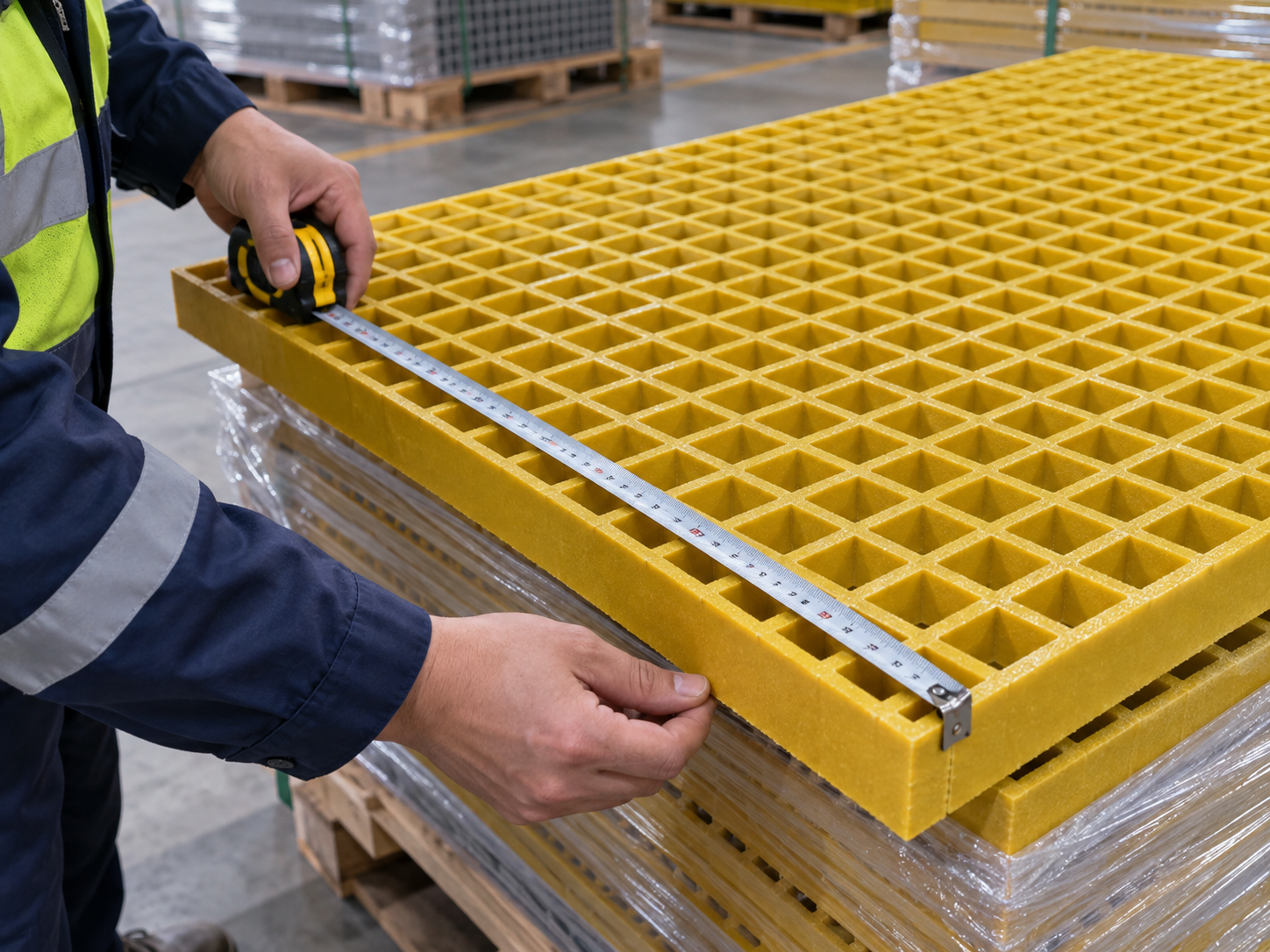 Quality inspector measuring the bar height of a molded FRP grating panel in a factory