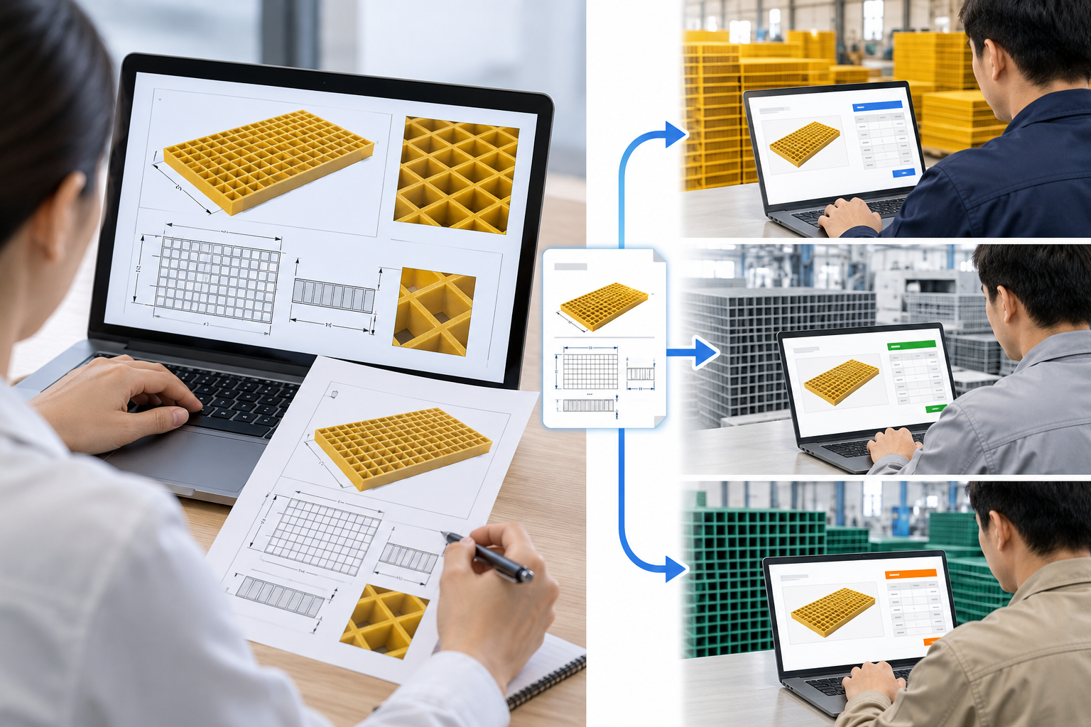 Engineer reviewing an FRP grating specification sheet with load table and panel drawing