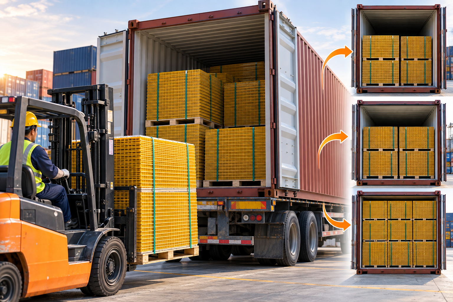 Stacked FRP grating panels on pallets being loaded into a shipping container