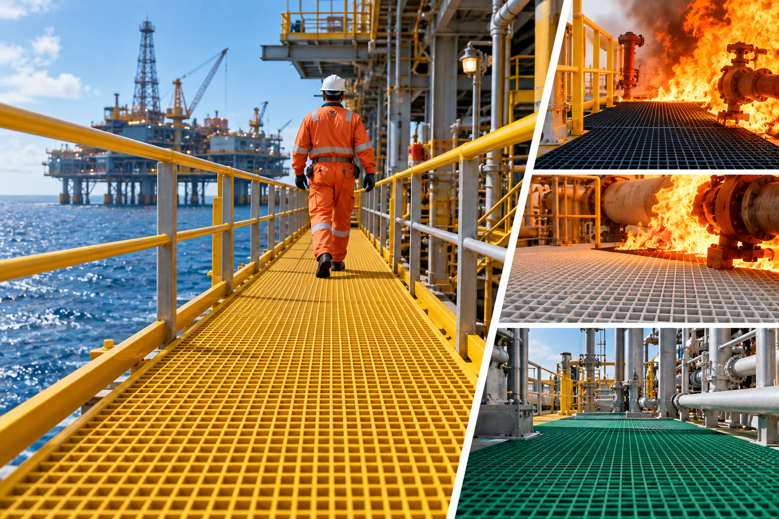 Phenolic FRP grating walkway on an offshore platform deck near process equipment