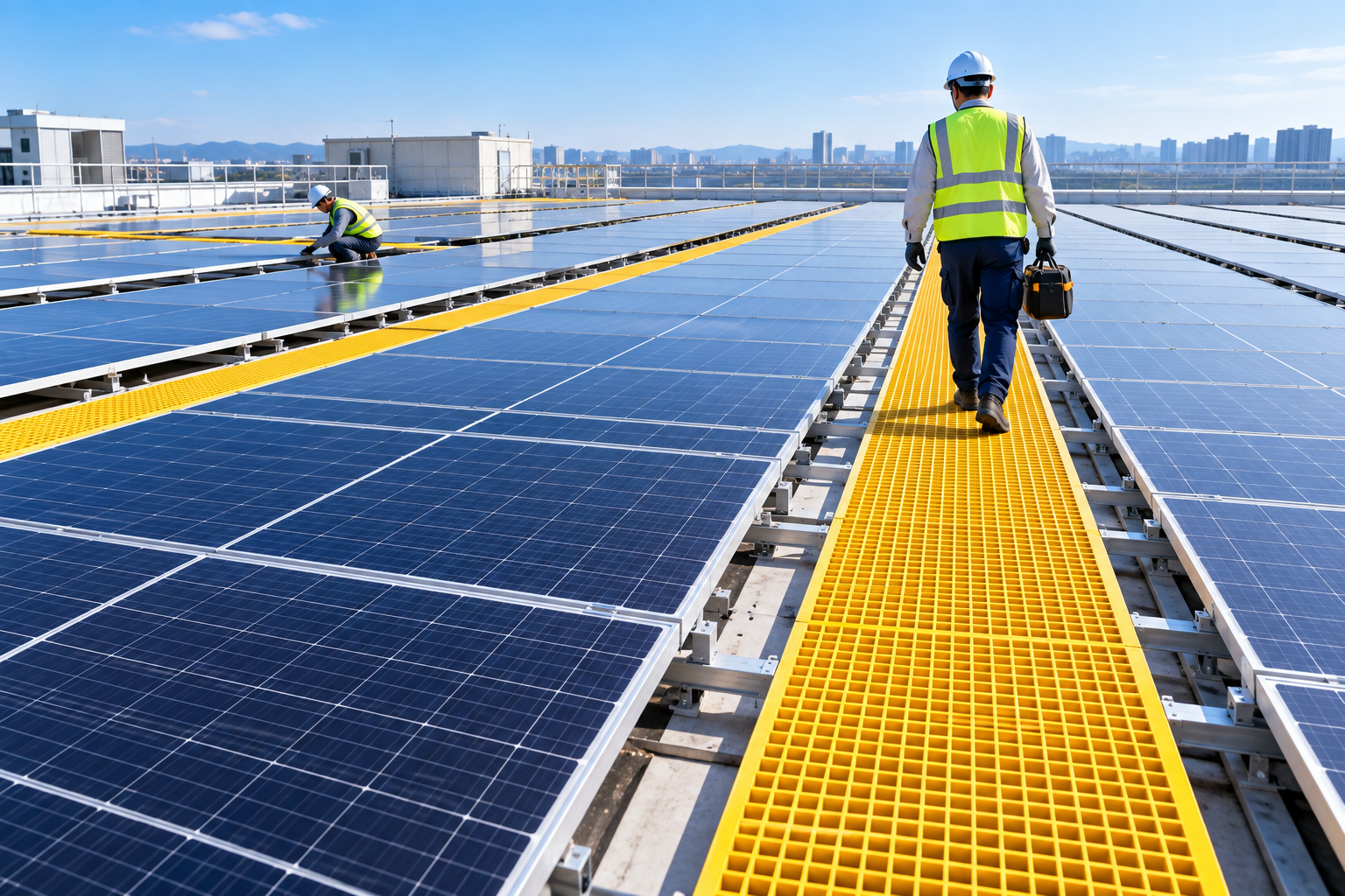 Yellow FRP grating walkway running between rows of solar panels on a metal factory roof