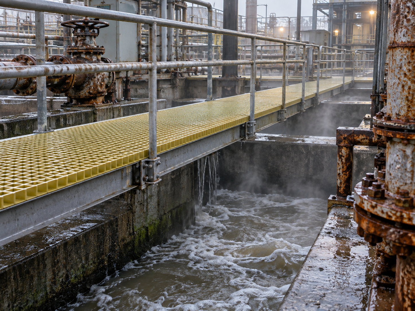 FRP grating walkway installed over an open channel at a wastewater treatment plant