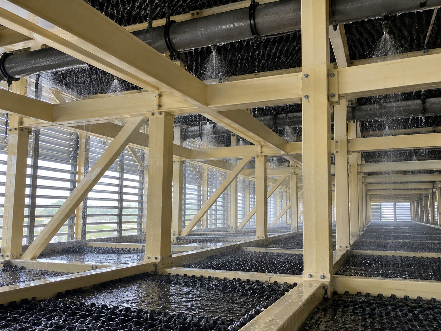 Pultruded FRP columns and beams replacing wood members inside a cooling tower structure