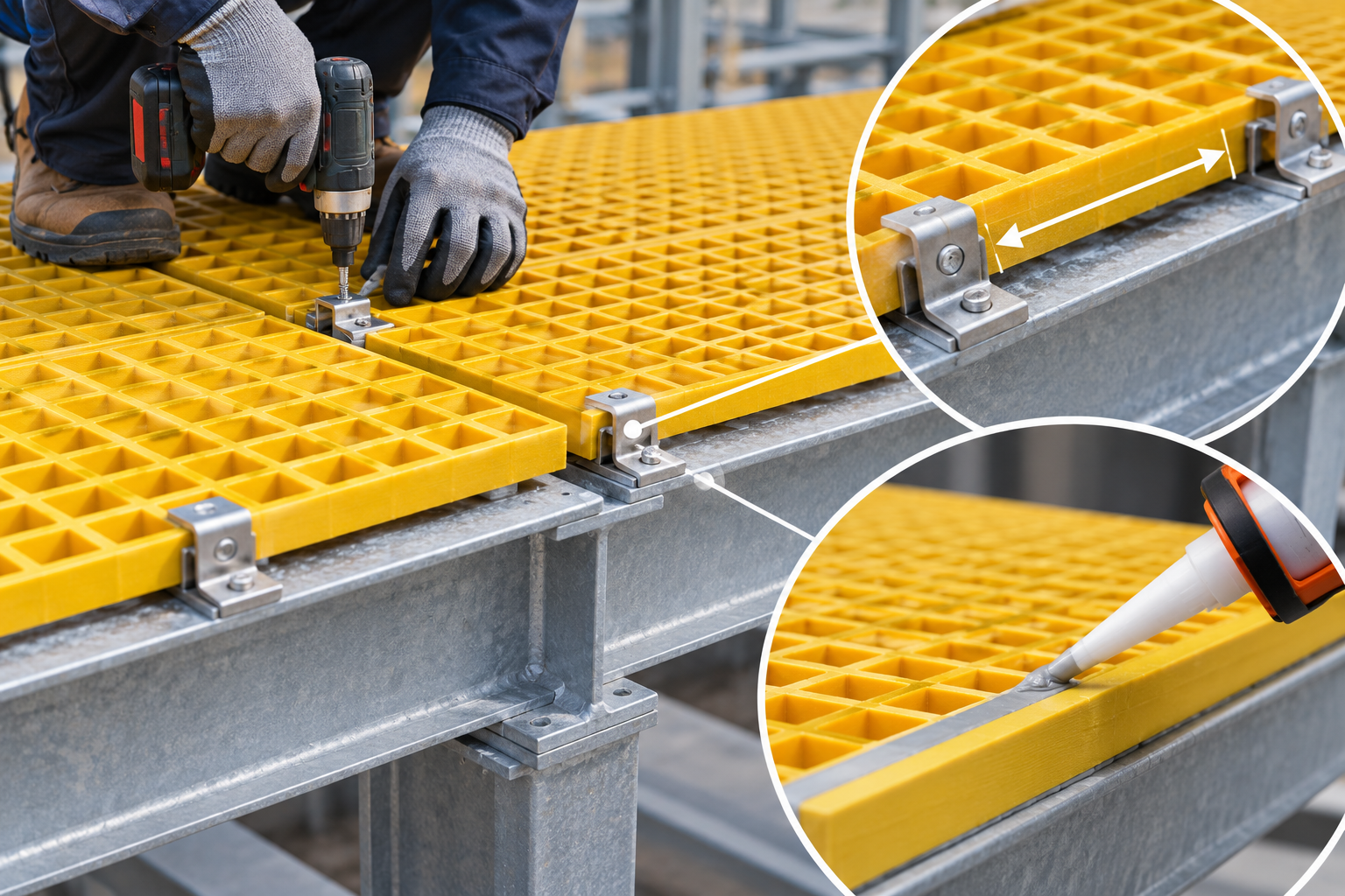 Installer fixing FRP grating panels to a steel support frame with stainless steel hold-down clips