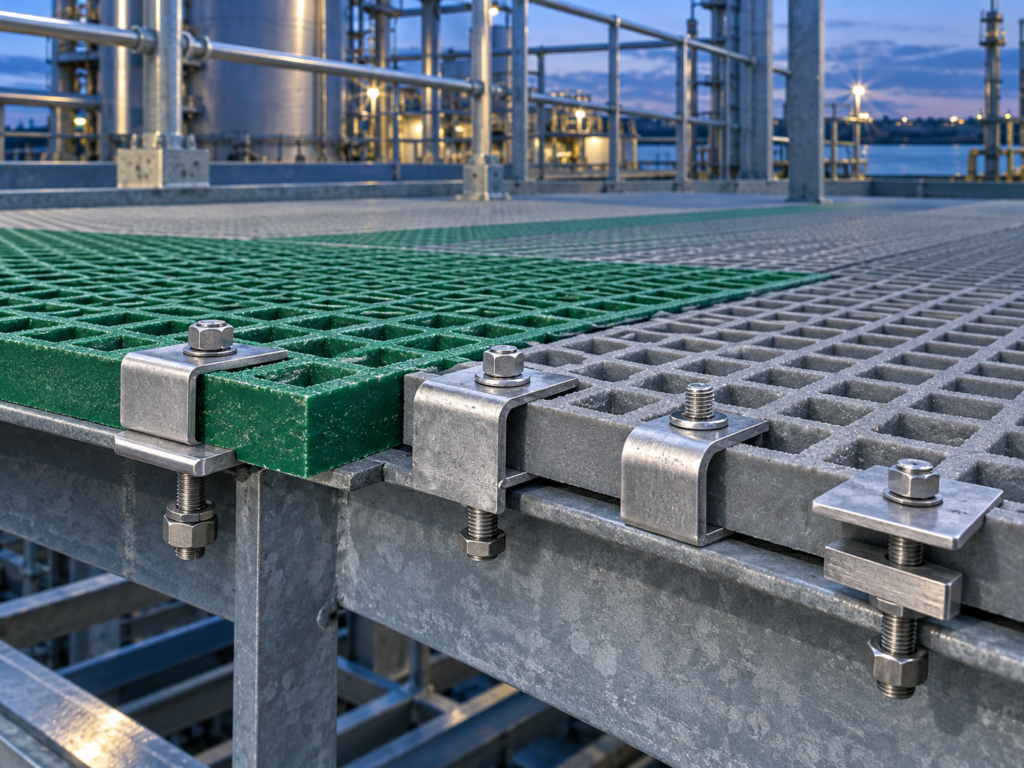 MACHS stainless steel grating clips fixing FRP grating to a steel beam