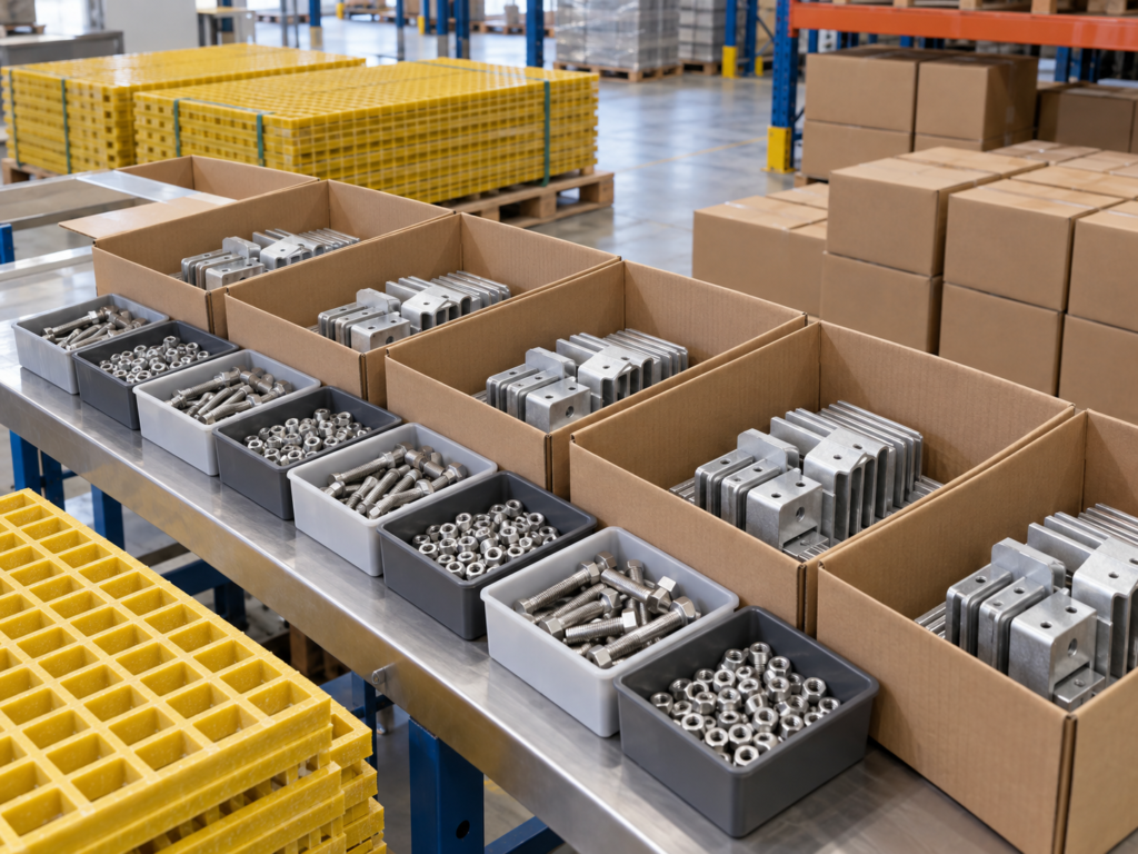 Grating clips, bolts and nuts packed in boxes labelled by area