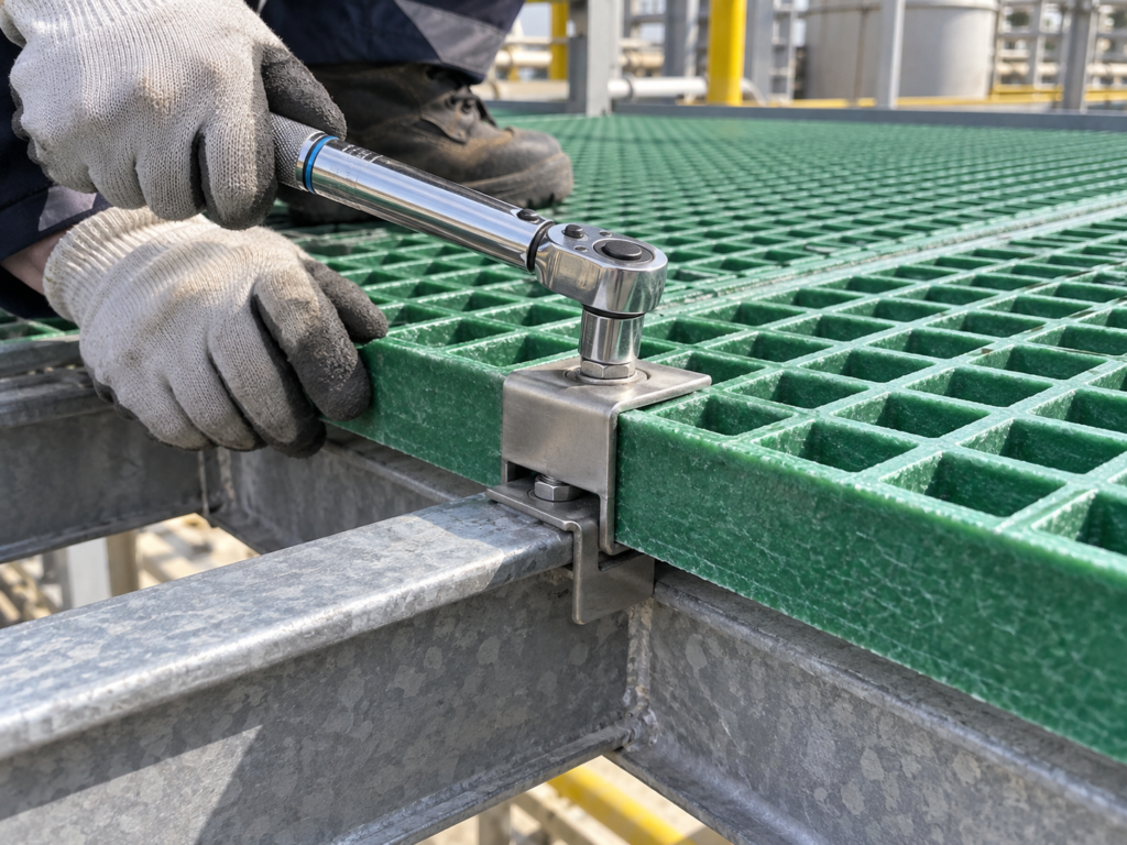 Installer tightening a grating clip on an FRP grating platform