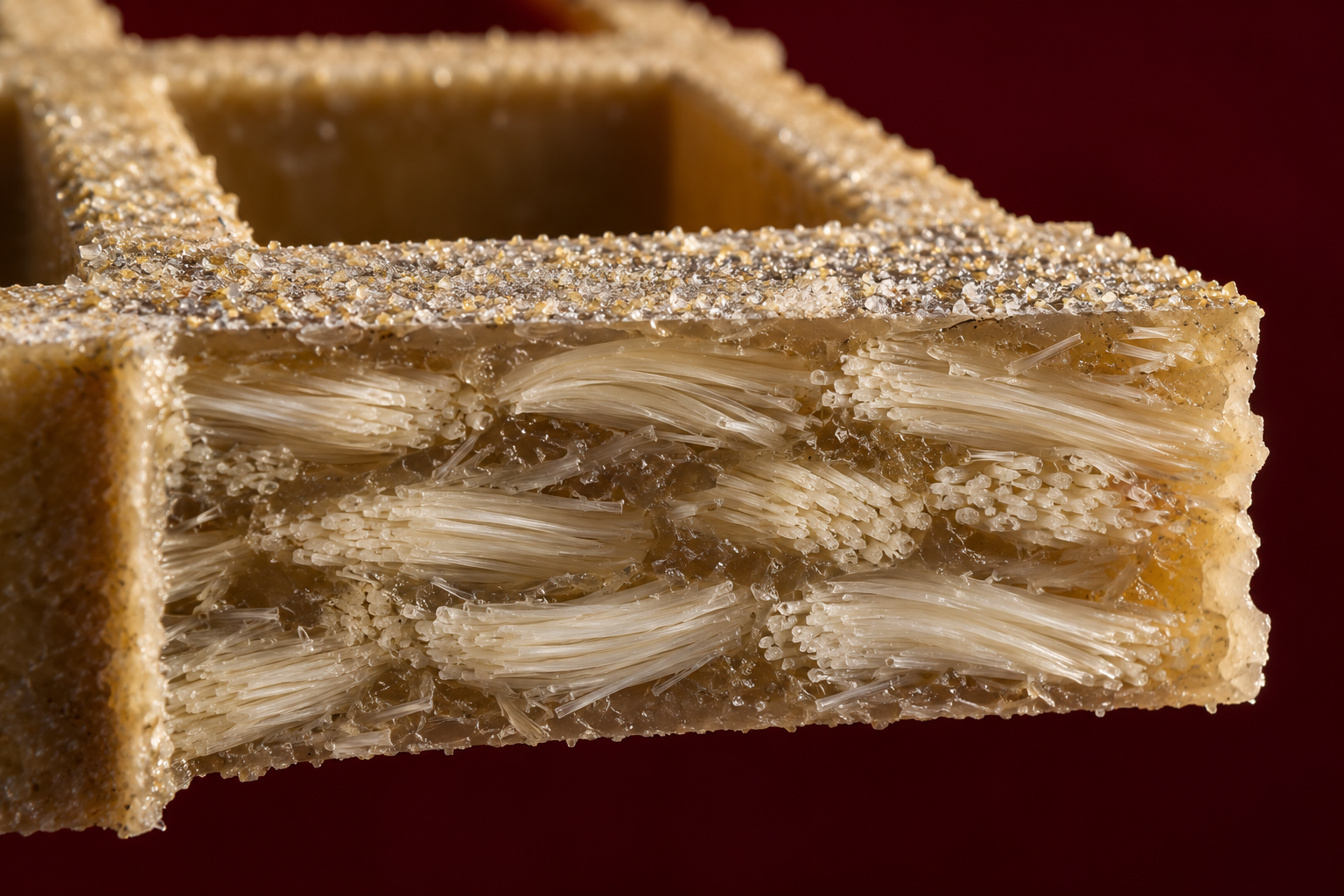 Close-up of FRP grating cut edge showing glass fibre bundles inside the resin