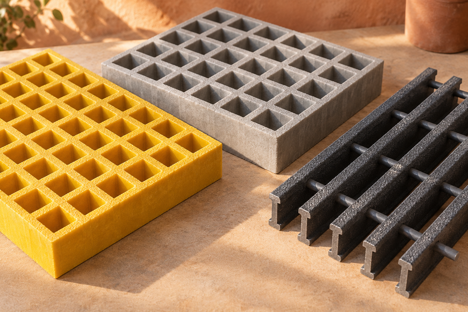 Panels of molded FRP grating with square mesh in yellow and grey next to a pultruded FRP grating panel