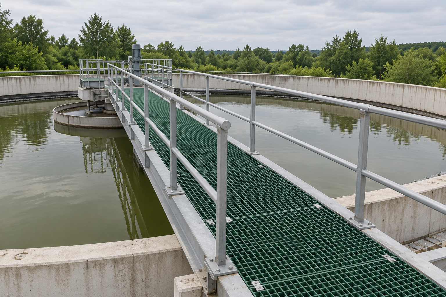 FRP grating walkway installed over a water treatment tank