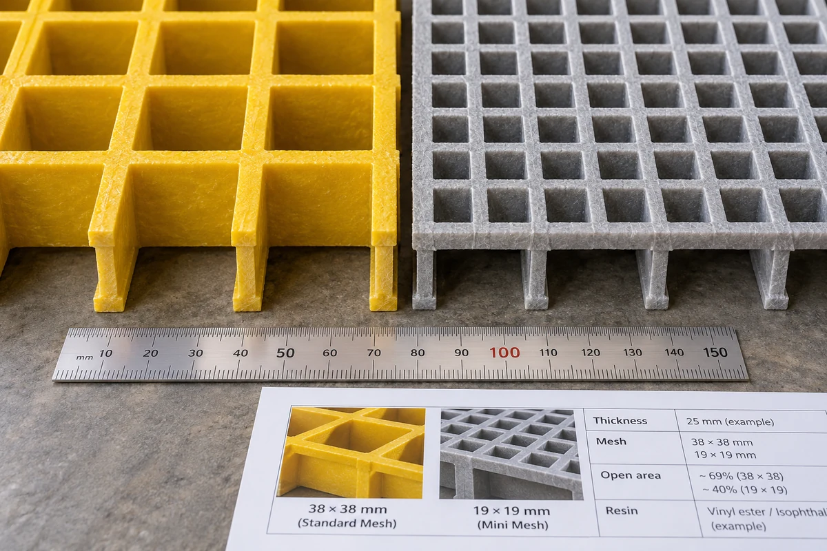 Close-up of 38 by 38 mm mesh and 19 by 19 mm mini mesh FRP grating side by side