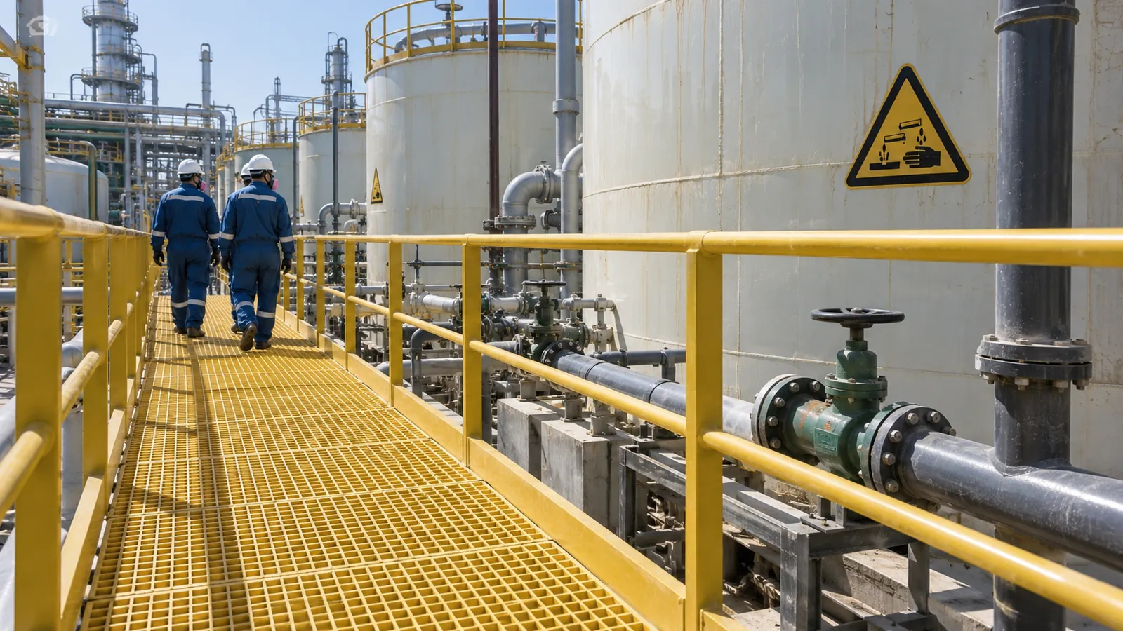 Vinyl ester FRP grating walkway beside acid storage tanks in a chemical plant