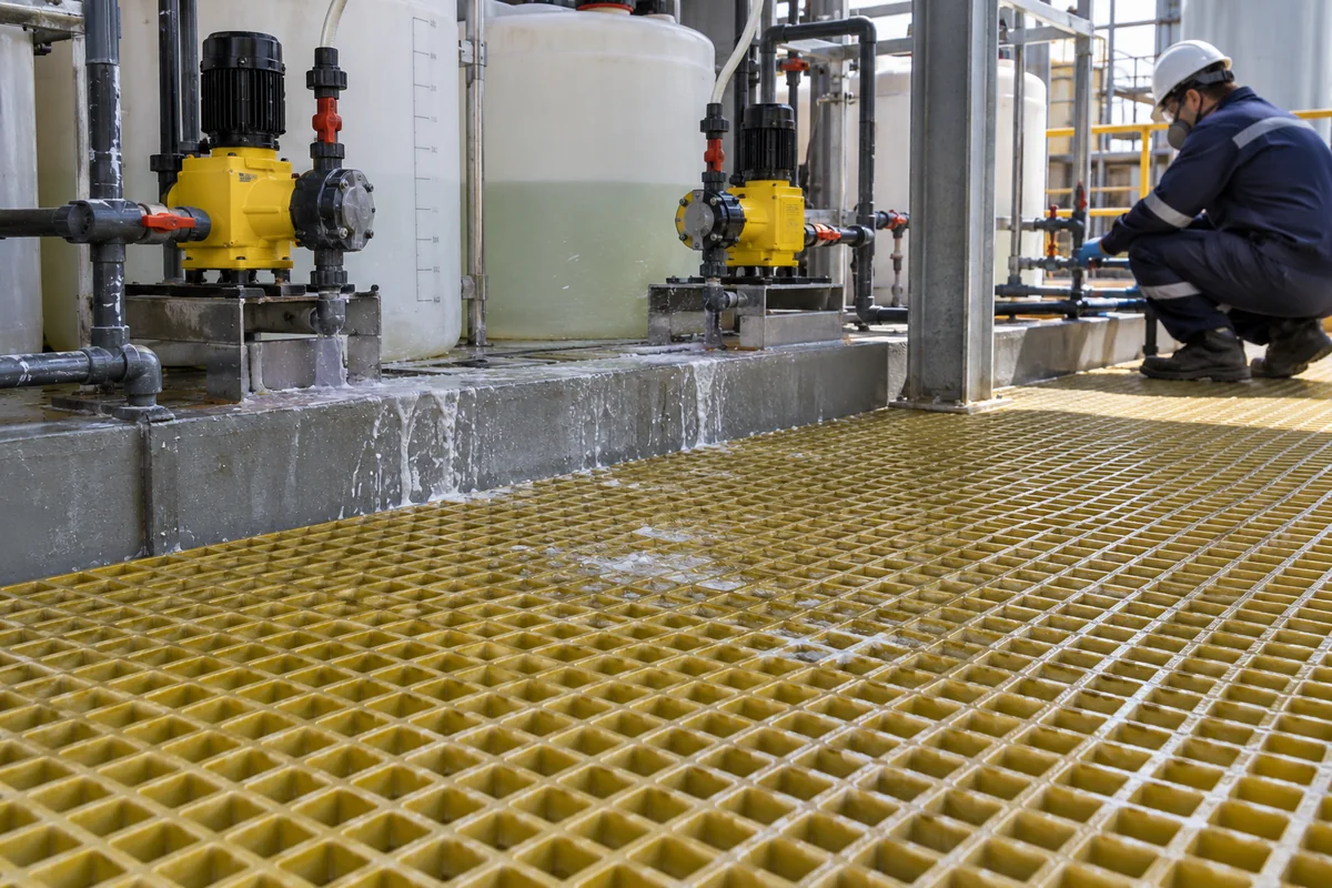 FRP grating over a chemical dosing area with splash marks on the surface