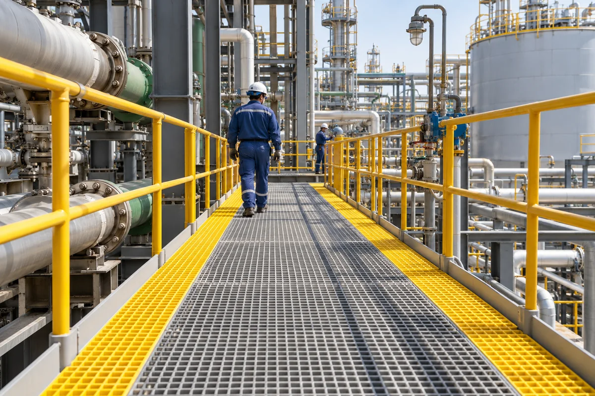 Molded FRP grating walkway installed in a chemical plant with yellow edge panels