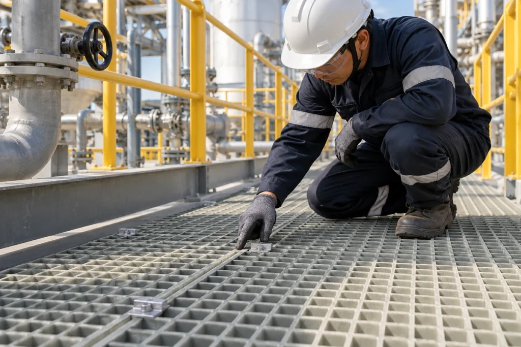 Inspector checking an installed FRP part