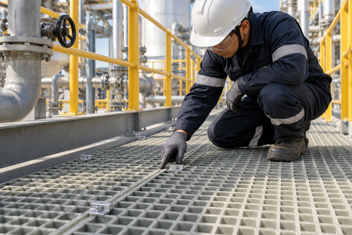 Maintenance worker inspecting FRP grating clips on a plant walkway