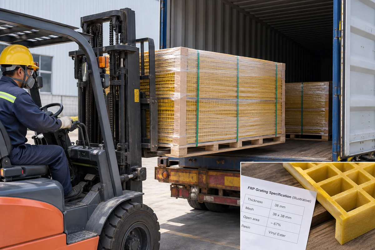 Pallet of packed FRP grating panels being loaded into a shipping container