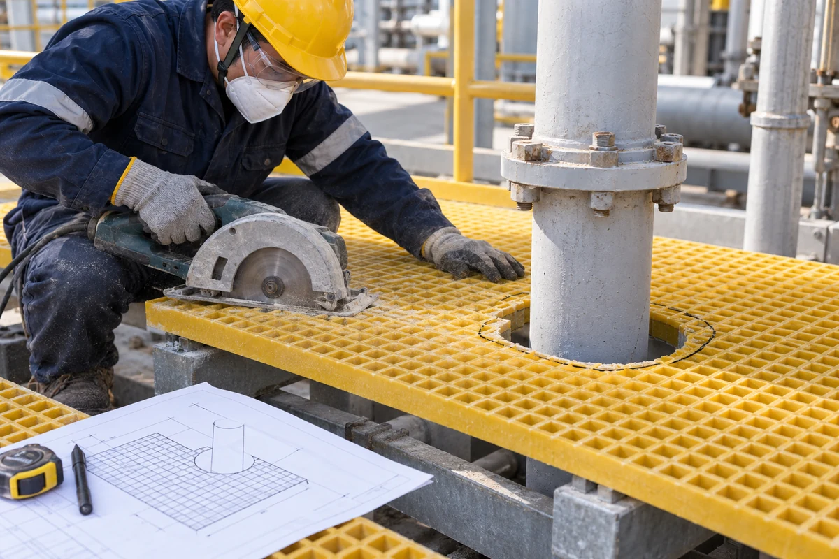 Worker cutting a molded FRP grating panel to a drawing with a pipe cut-out