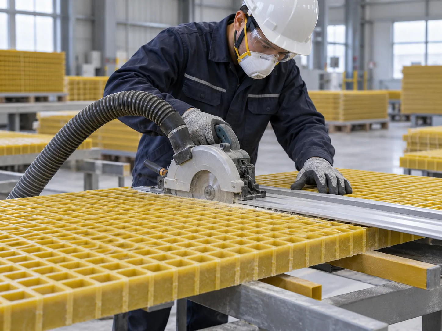 Cutting FRP grating to size in the factory
