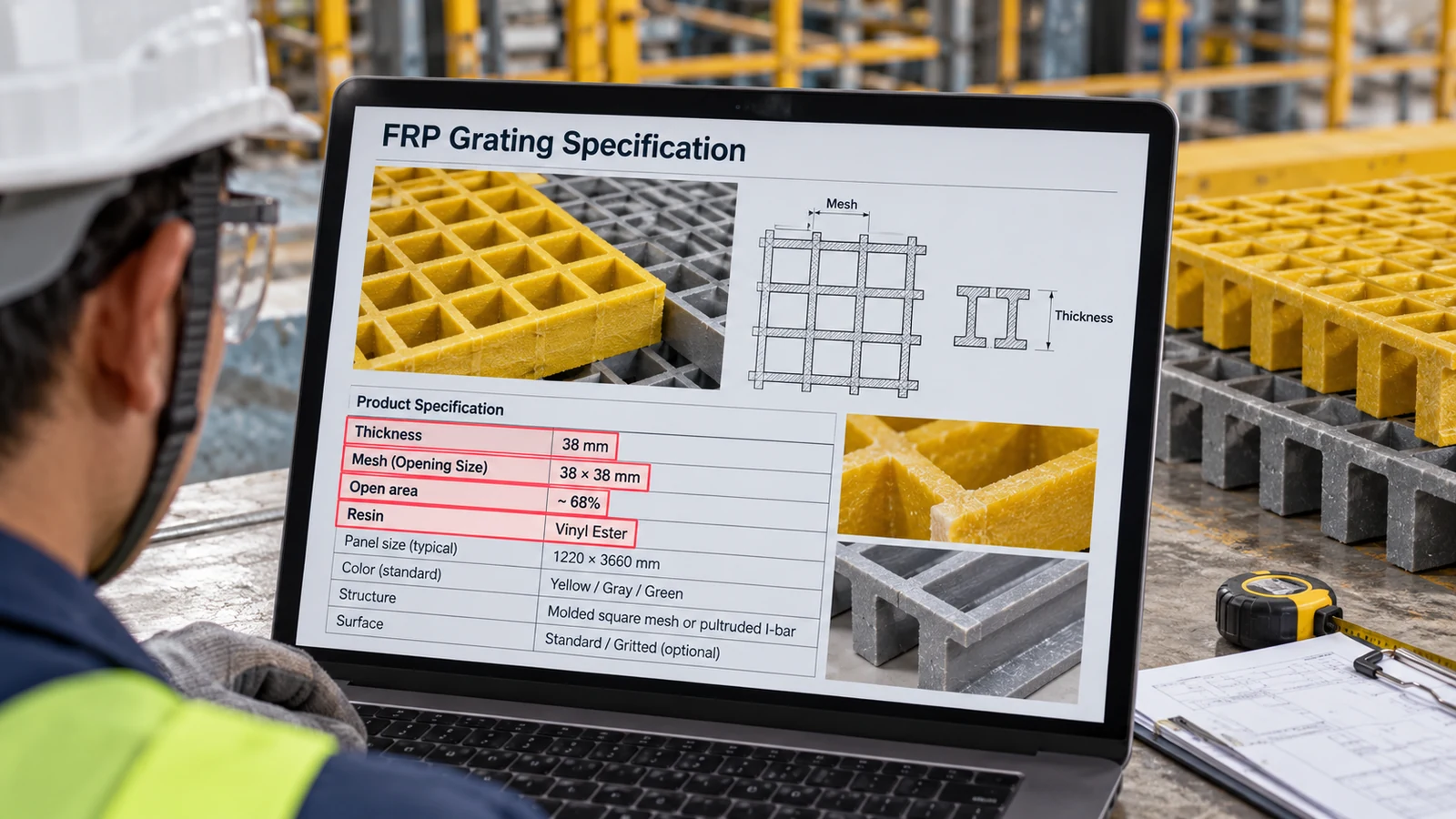 FRP grating data sheet with thickness, mesh, open area and resin fields highlighted