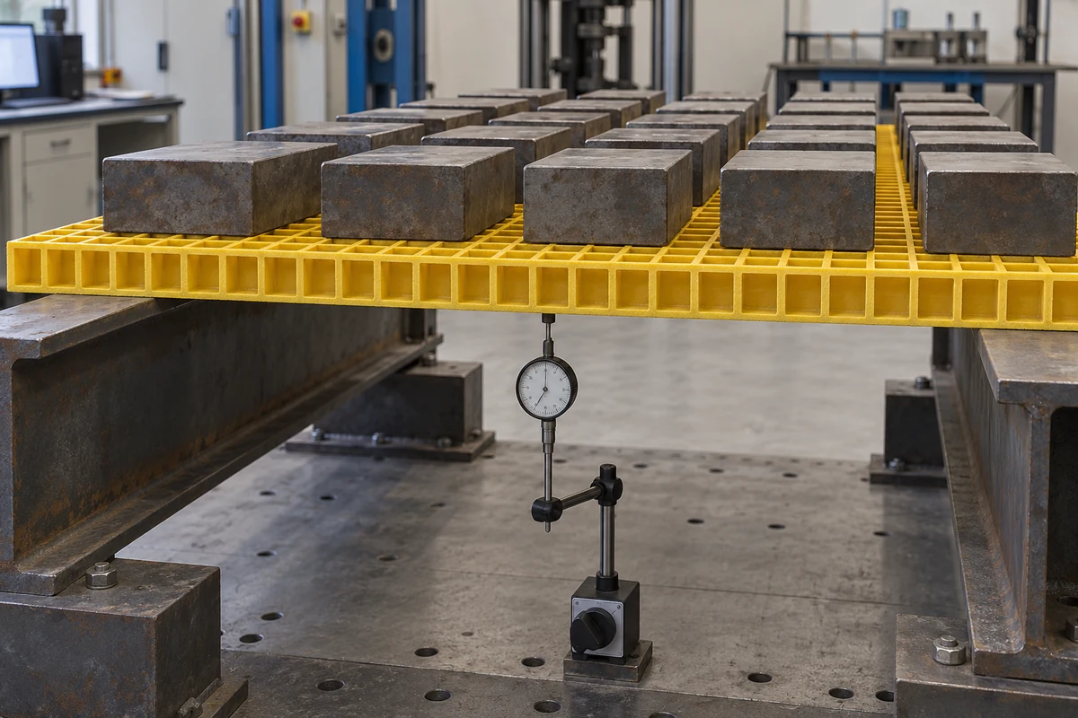 Deflection test of a 38 mm molded FRP grating panel on two supports under uniform load