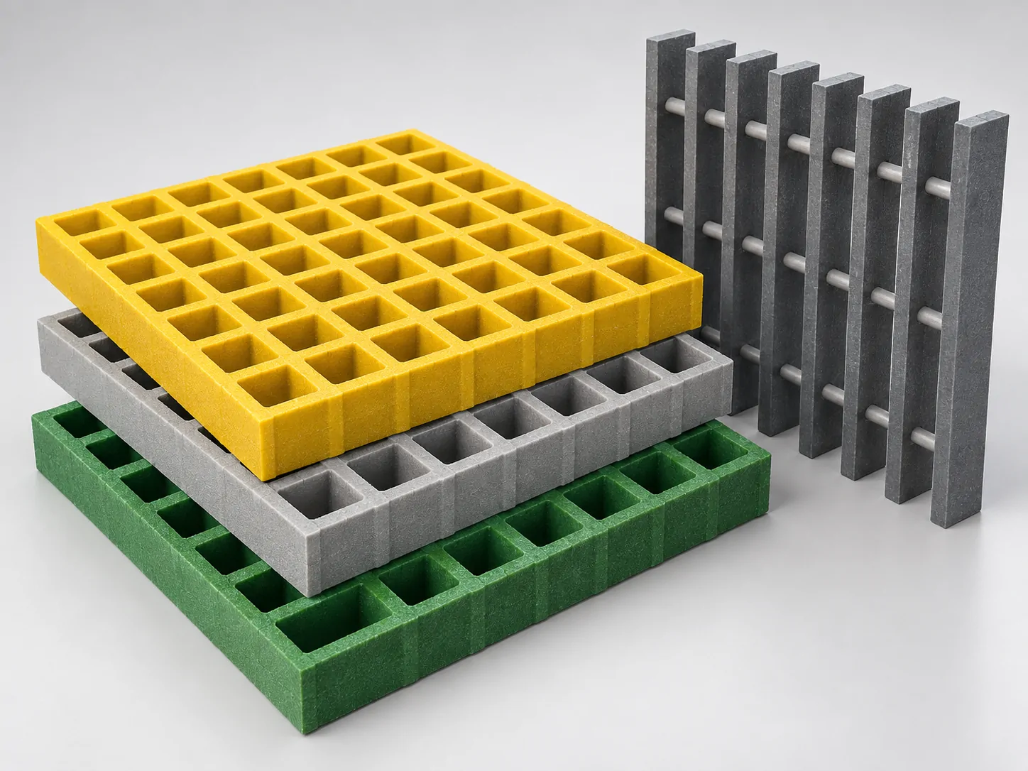 Molded and pultruded FRP grating panels in yellow, grey and green