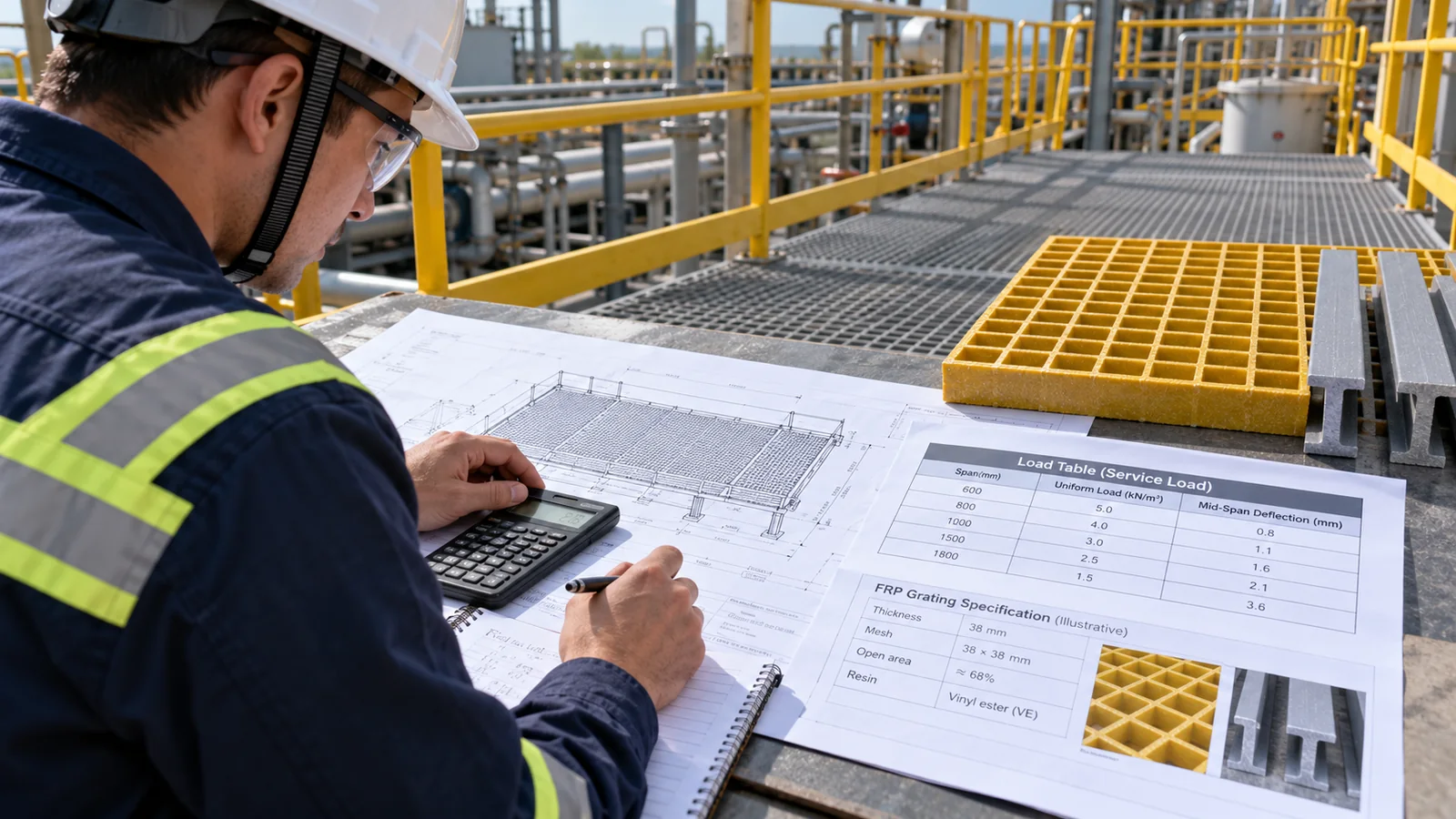 Engineer checking FRP grating span and deflection on a platform drawing with a load table