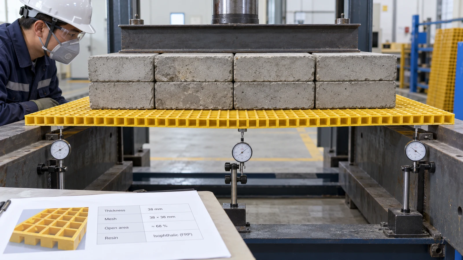 Molded FRP grating panel under uniform load test with dial gauges measuring deflection